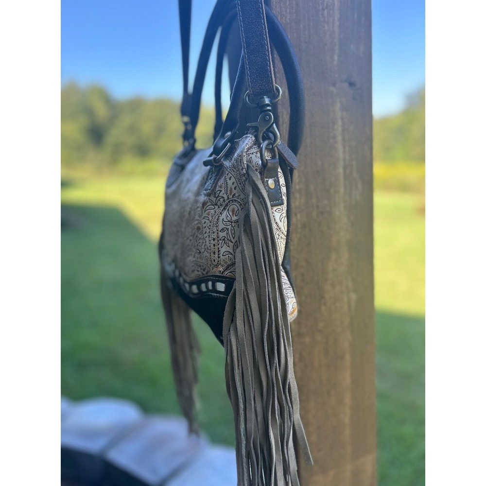 Myra Bag Katherina Cowhide Paisley Leather Fringe Western Crossbody Satchel - Picture 7 of 10